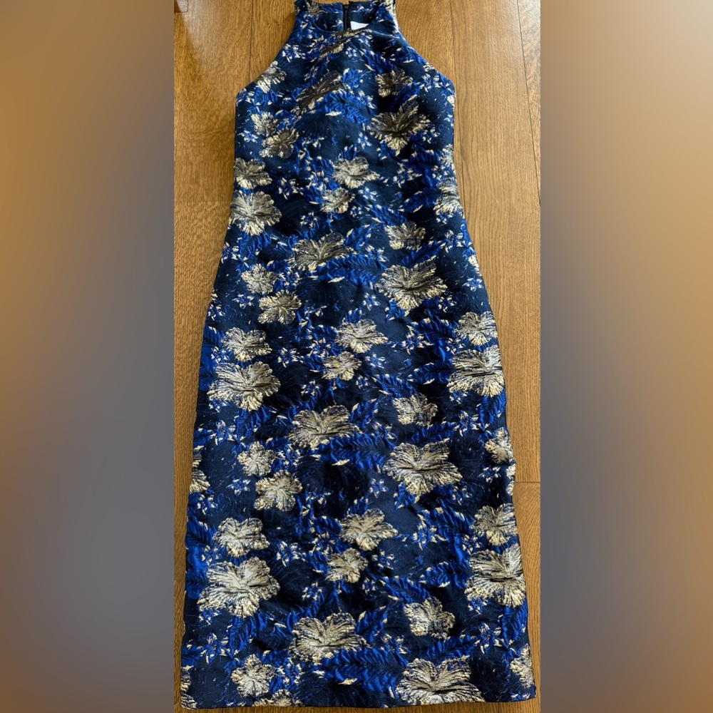 Designer ONE/OF NYC Gold Floral Jacquard Maxi Dress in Blue and black